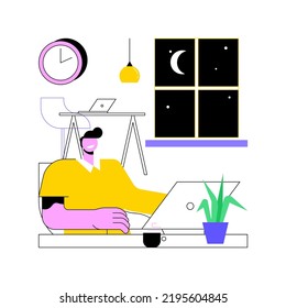 24 hour office access isolated cartoon vector illustrations. Concentrated man with laptop working in 24 hour smart office, business activity at late evening, modern workplace vector cartoon.