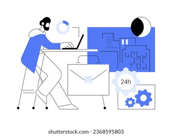 24 hour office access isolated cartoon vector illustrations. Concentrated man with laptop working in 24 hour smart office, business activity at late evening, modern workplace vector cartoon.