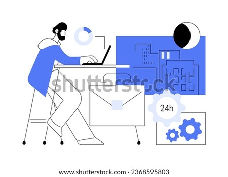 24 hour office access isolated cartoon vector illustrations. Concentrated man with laptop working in 24 hour smart office, business activity at late evening, modern workplace vector cartoon.