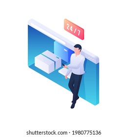 24 hour online mail service isometric illustration. Male character checks ordered parcels in mobile web application. Modern order delivery and ongoing customer support vector concept.
