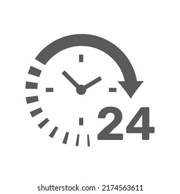 24 Hour Open Clock Black Vector Icon. Non Stop Opening Hours Cycle Arrow Filled Symbol.