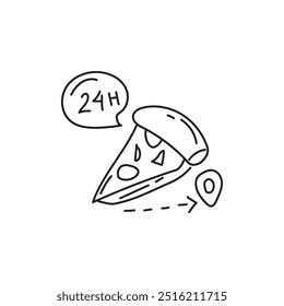 24 hour pizza delivery doodle icon. Fast food, food delivery, late night food, takeout, restaurant, open 24 hours, pizza slice, pizza icon, location pin, illustration