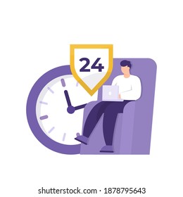 24 hour or real time protection concept, antivirus, protection for users. illustration of a man working on a laptop, clock, and shield. sitting on the sofa. flat style. vector design elements