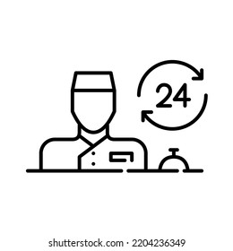 24 hour reception desk. Staff member and bell. Pixel perfect, editable stroke icon