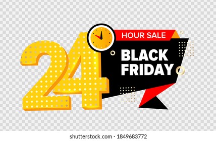 24 hour sale. BLACK FRIDAY, Yellow banner. Vector illustration. Watch element sign as for your design. Watch element as for your design, for black Friday, time limit