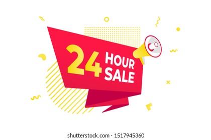 24 hour sale countdown ribbon badge icon sign with big red ribbon, megaphone and abstract elements behind isolated on white background. svg