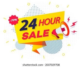 24 Hour Sale Countdown Ribbon Badge With Megaphone And Abstract Elements On Half Tone Background. 10 Eps