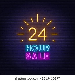 24 Hour Sale neon sign on brick wall background.