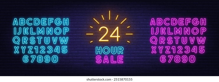 24 Hour Sale neon sign on brick wall background.