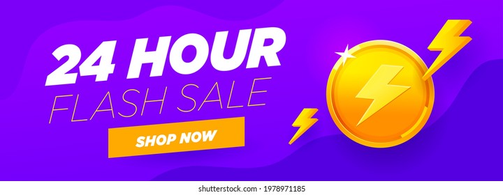 24 hour sale violet banner special discount with big gold coin, shop now button and abstract flash elements on purple background.