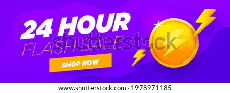 24 hour sale violet banner special discount with big gold coin, shop now button and abstract flash elements on purple background.