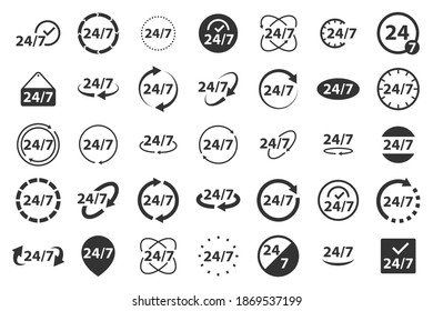 24 hour service 7 day open a week icon. Vector set.