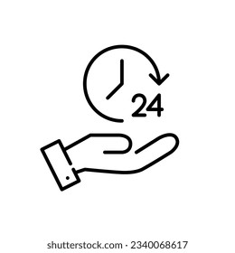 24 hour service. Clock and arrow in hand. Pixel perfect icon