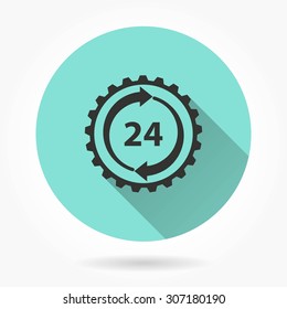 24 hour service - icon with long shadow, flat design. Vector illustration