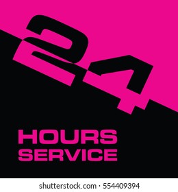 24 hour service icon in pink and black color art illustration