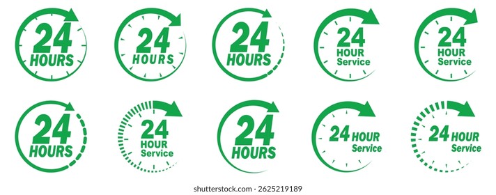 24 hour service icon vector set.  24 hours order execution or delivery service icon. Set of 24h service duration icon collection. Support 24 hours, Support service symbol. 24 hours icon. 