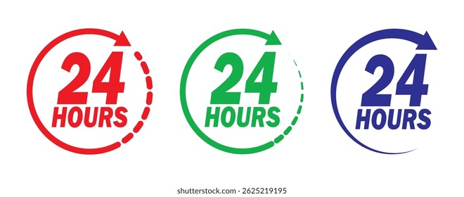 24 hour service icon vector set.  24 hours order execution or delivery service icon. Set of 24h service duration icon collection. Support 24 hours, Support service symbol. 24 hours icon. 