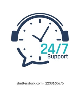 24 hour service icon.Headphone Talk Support over the phone to consult customer problems.