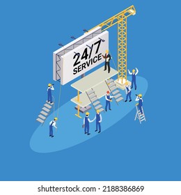 servicio 24 horas concepto isométrico 3d de ilustración vectorial para banner, sitio web, ilustración, página de aterrizaje, volante, etc.