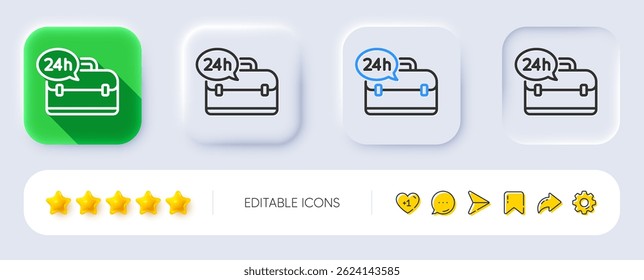 24 hour service line icon. Neumorphic, Flat shadow, 3d buttons. Support help sign. Feedback symbol. Line 24h service icon. Social media icons. Vector
