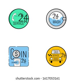 24 hour service logo set. Call center, coin laundry, taxi service. Vector illustraion outline flat design style.