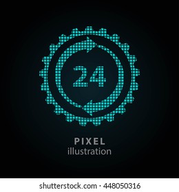 24 hour service - pixel icon. Vector Illustration. Design logo element. Isolated on black background. It is easy to change to any color.