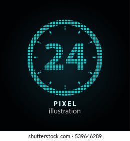 24 hour service - pixel icon. Vector Illustration. Design logo element. Isolated on black background. It is easy to change to any color.