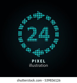 24 hour service - pixel icon. Vector Illustration. Design logo element. Isolated on black background. It is easy to change to any color.