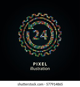 24 hour service - pixel icon. Vector Illustration. Design logo element. Isolated on black background. It is easy to change to any color.