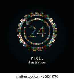 24 hour service - pixel icon. Vector Illustration. Design logo element. Isolated on black background. It is easy to change to any color.