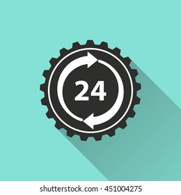 24 hour service vector icon with long shadow. White illustration isolated on green background for graphic and web design.