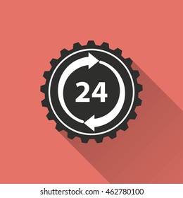 24 hour service vector icon with long shadow. IIllustration isolated on red background for graphic and web design.