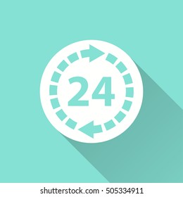24 hour service vector icon with long shadow. White illustration isolated on green background for graphic and web design.