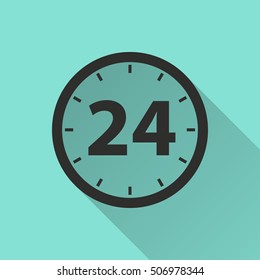 24 hour service vector icon with long shadow. black illustration isolated on green background for graphic and web design.