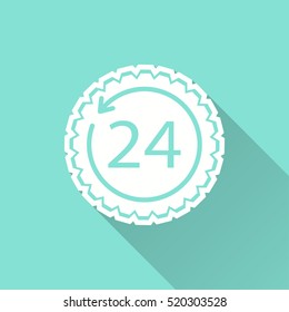 24 hour service vector icon with long shadow. White illustration isolated on green background for graphic and web design.