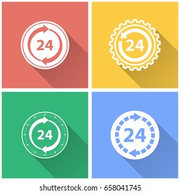 24 hour service vector icon with long shadow. White illustration isolated on color background for graphic and web design.