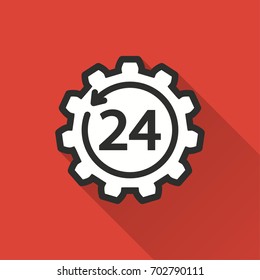 24 hour service vector icon with long shadow. Illustration isolated on red background for graphic and web design.