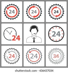 24 hour service vector icons set. Illustration isolated on white background for graphic and web design.