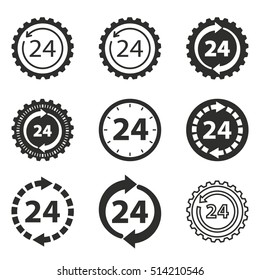 24 hour service vector icons set. Black illustration isolated on white background for graphic and web design.