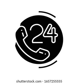 24 hour services black icon, concept illustration, vector flat symbol, glyph sign.