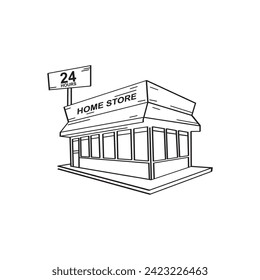 24 hour shop or home store vector illustration. Black and white line art. Outdoor business