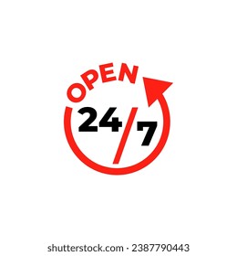 24 hour sticker Sign of vector. customer service Label, Open 24-hoursweek support information clipart.