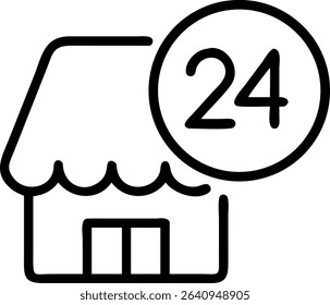 24 Hour Store Icon Line Drawing Minimalist Design Open All Day Storefront Signboard for Businesses