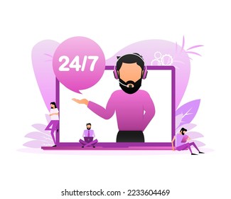 24 hour support people in flat style. Isometric business concept. Marketing concept. Flat design