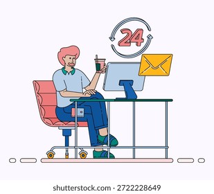 24 Hour Support Service Concept for Email Complaints Questions and Software Assistance with Continuous Job Support. Design can be used for banner, website, poster, landing page, social media, ads