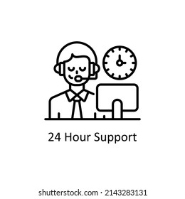 24 Hour Support vector outline icon for web isolated on white background EPS 10 file