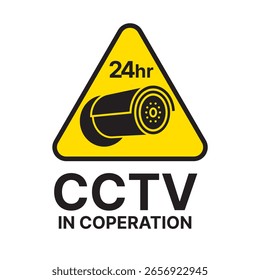 Vigilancia las 24 horas. Área de instalación de CCTV. Etiqueta engomada amarilla de la advertencia del CCTV del triángulo.