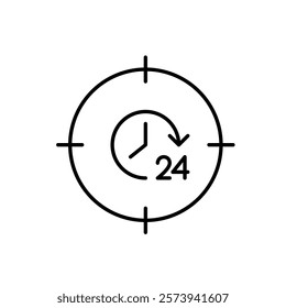 24 hour symbol in aim target pointer. 24 7 goal tracking, constant precision. Pixel perfect vector icon