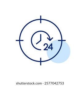 24 hour symbol in aim target pointer. 24 7 goal tracking, constant precision. Pixel perfect, editable stroke icon