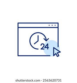 24 hour symbol on web page. Constant online access, round the clock management. Pixel perfect, editable stroke icon